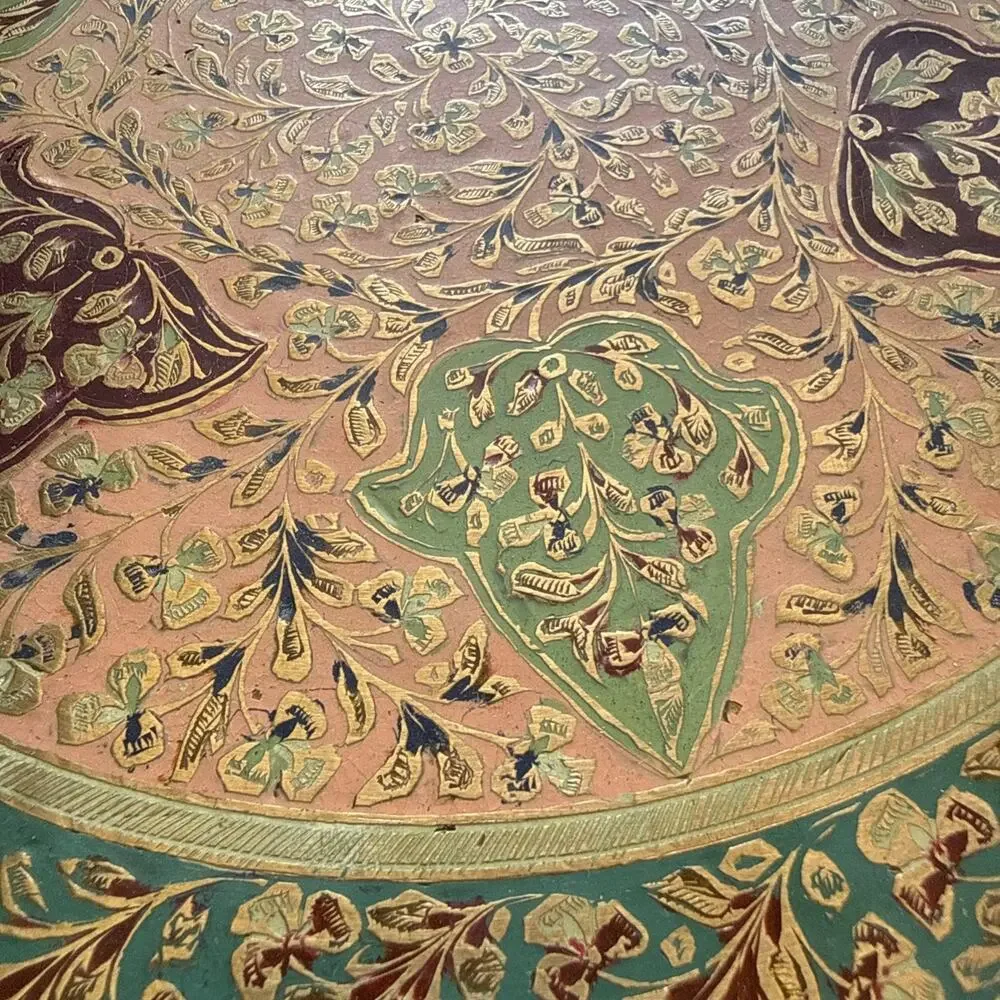 Vintage Brass Enameled Design Meenakari Serving Tray Round Decorative 12”